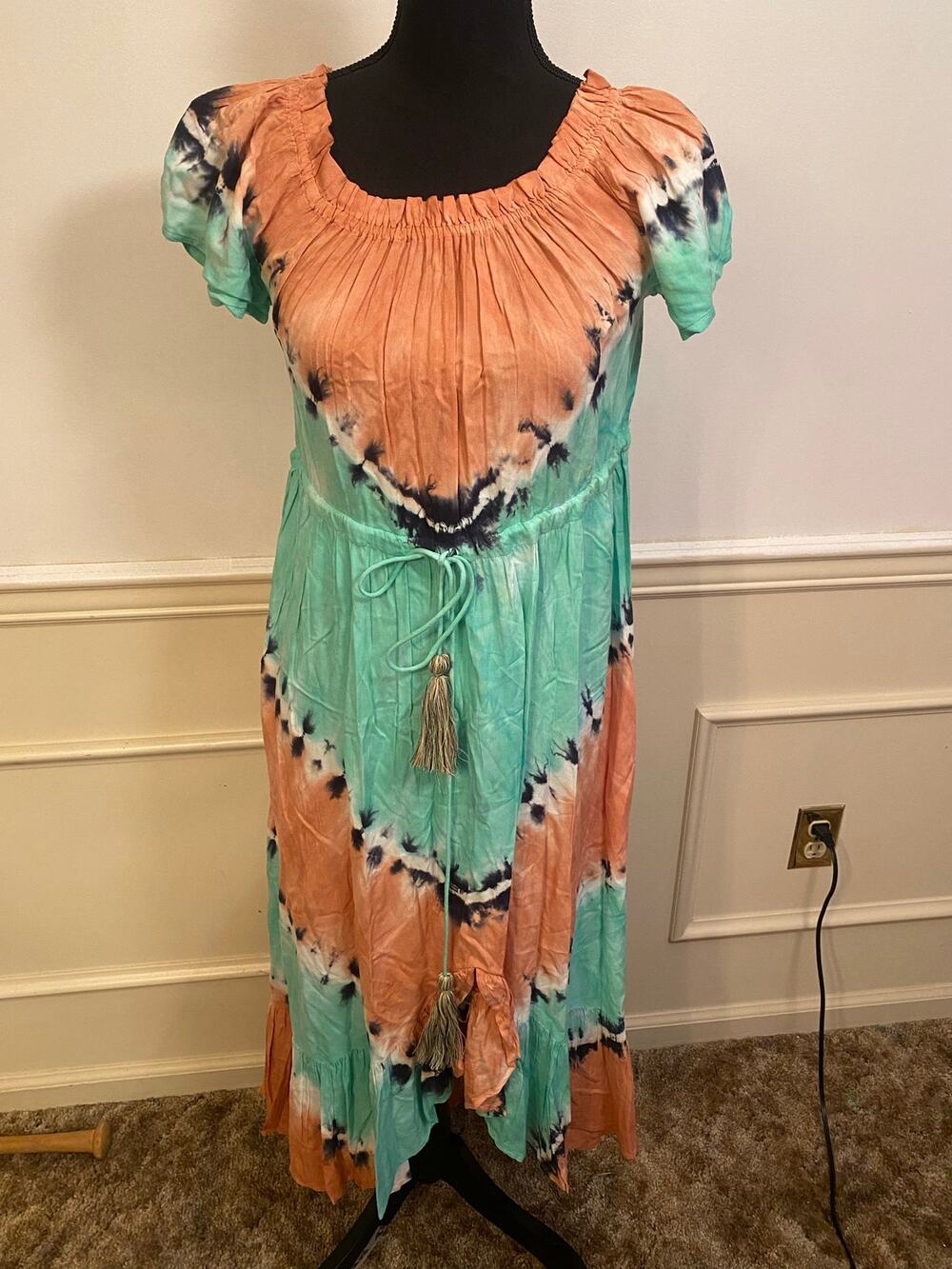 Kiran Modes Boho Tie-Dye High-Low Dress Peach Aqua Tassel Accent Split Front